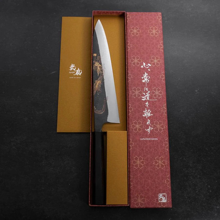 Gyuto in acciaio Aogami #2 Damascus Chokin Drago con Manico in Ebano e Corno di Bufalo