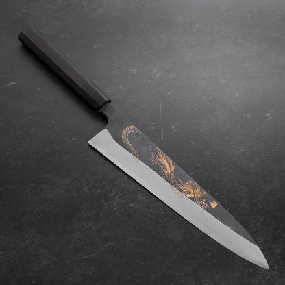Gyuto in acciaio Aogami #2 Damascus Chokin Drago con Manico in Ebano e Corno di Bufalo